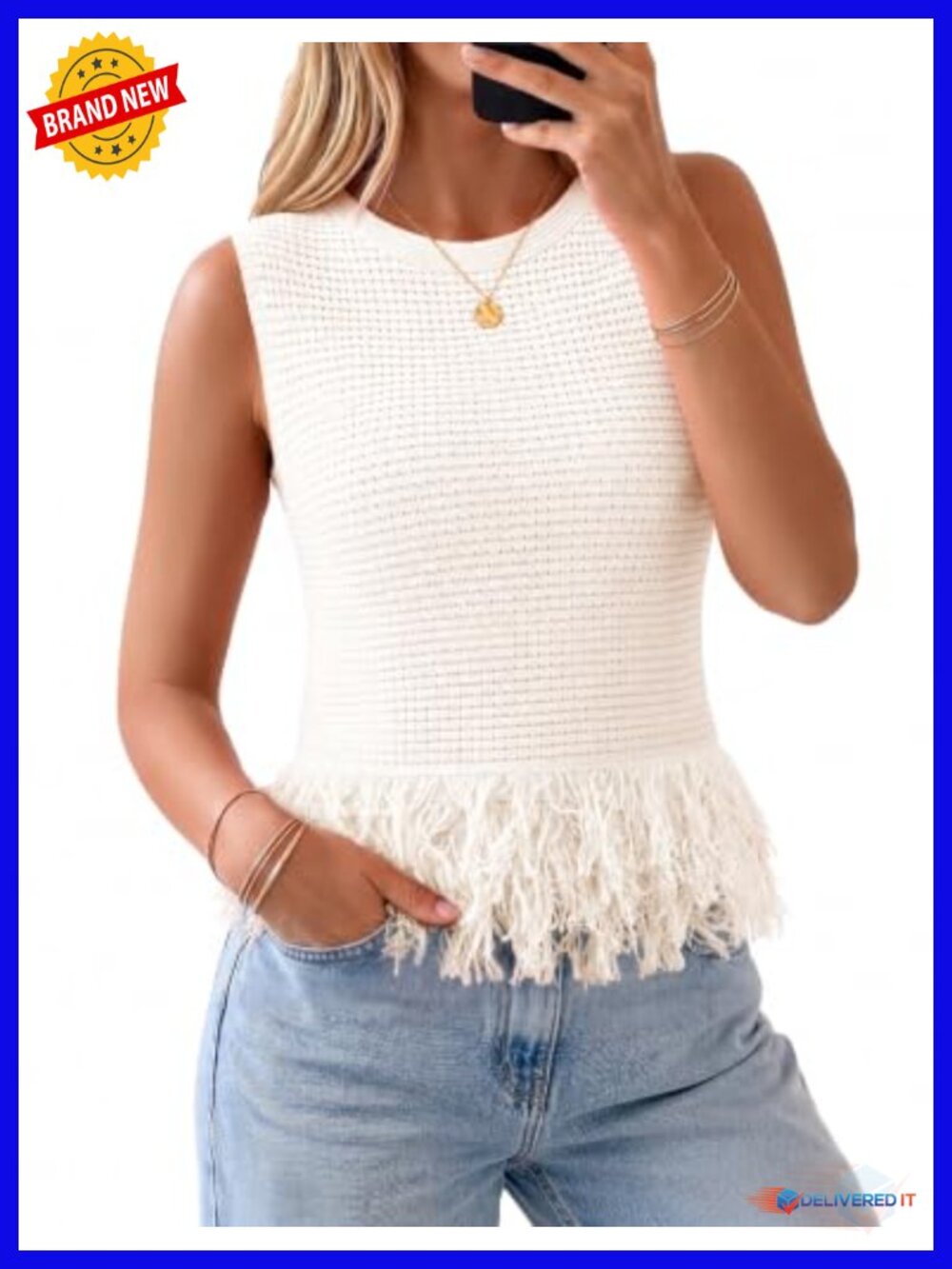 Sleeveless Crochet Sweater Vest Boho Fringe Tank Top Pointelle Knit